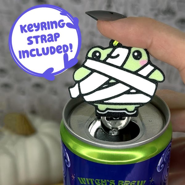 Lindo abrelatas de lata de refresco con forma de rana momia con correa para llavero: regalo único y accesible para uñas de Halloween, ideal para manos doloridas y artritis.