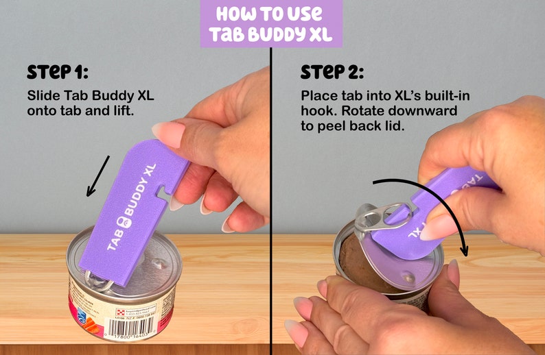 Tab Buddy XL Colors Food can tab opener help for long nails, sore hands assistive veggie, soup, cat, dog food magnet tech gadget arthritis Royal Purple