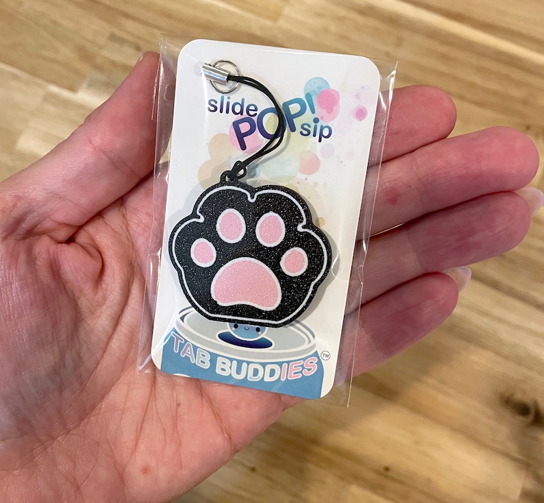 Tab Buddies Kitty Paw Cute soda can tab opener help for kids, long nails, adapt fun assistive cat gift present for sore hands, calico Black