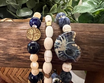 Beaded bracelets, stretch bracelets, stackable, set, navy, blue, beige, shell, nautical, beach