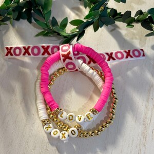 Conjunto de pulseras para el día de San Valentín, pulsera dorada con cuentas Heishi blancas y rosas