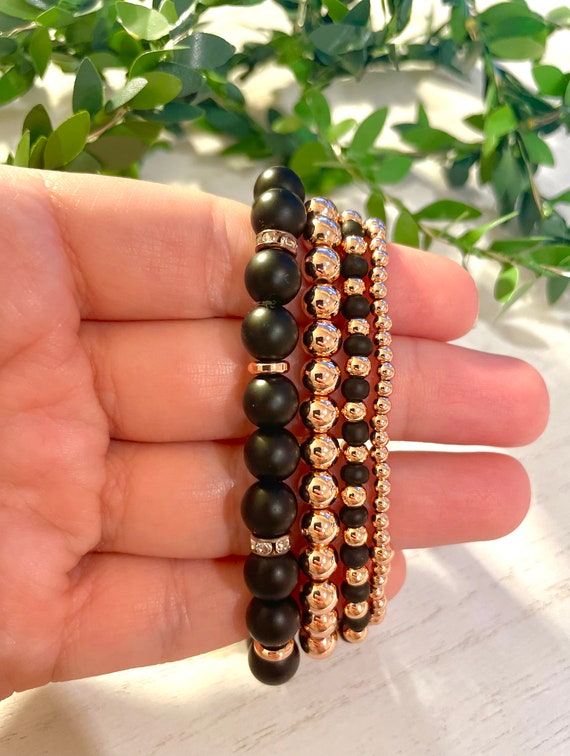 Black and Rose Gold Stacked Bracelet Set. Beaded Bracelet  display picture 1