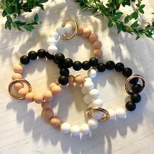 Pulsera con cuentas / Llavero con cuentas / Pulsera con cuentas / Cuentas de silicona / Llavero con cuentas / Negro / Beige / Blanco / Dorado