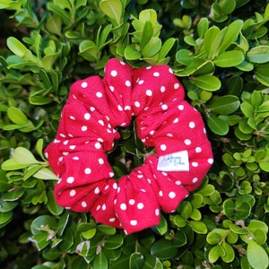 Peut inclure: Un chouchou rouge à pois blancs. L'accessoire pour cheveux est en tissu et porte une étiquette avec l'inscription "Ribbons by Leha". Le chouchou est posé sur un fond de feuillage vert.