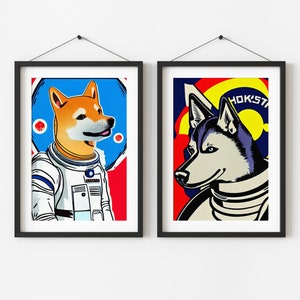 Vintage-Style Soviet-Era Space Dog Posters, Pet Astronauts Exploring the Planets and Stars Print