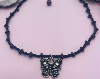 Butterfly skull necklace with garnet crystals/ garnet crystals necklace/ choker