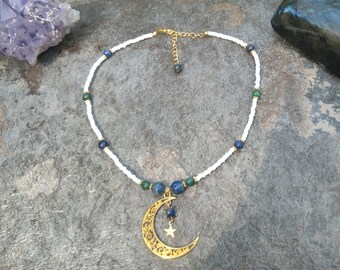 Necklace with chrysocolla crystals and  moon charm
