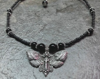 Skull moth and obsidian crystals choker/ necklace
