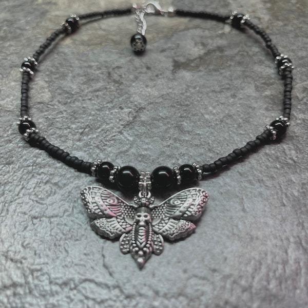 Skull moth and obsidian crystals choker/ necklace