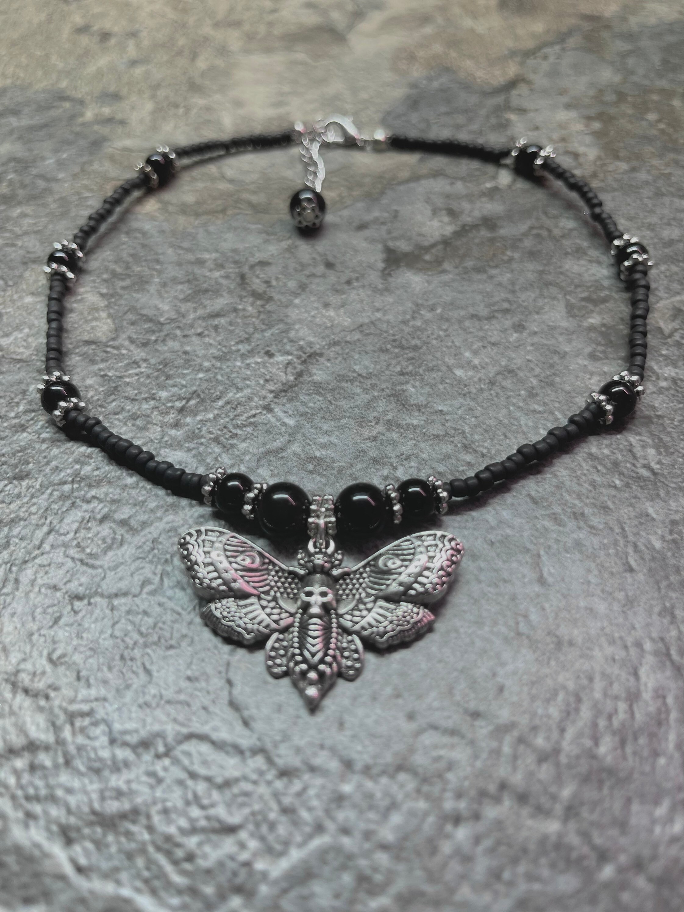 Skull moth and obsidian crystals choker/ necklace