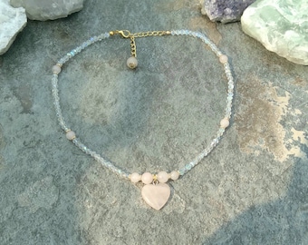 Crystal necklace with rose quartz and rose quartz heart charm