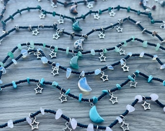 Moon and stars celestial healing crystal chokers / moon goddess / crystal moon choker