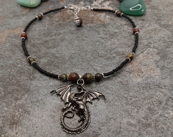 Dragonblood stone crystals choker/ necklace with dragon charm