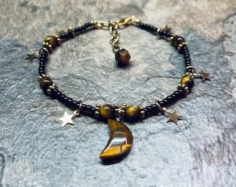 Tigers eye crystal moon anklet / gold stars / celestial anklet