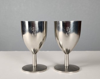 Vintage 1970s Pewter Goblets Set of 2, Midcentury Modern Barware, Wine Cups