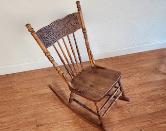 Vintage Solid Oak Carved Back Rocking Chair
