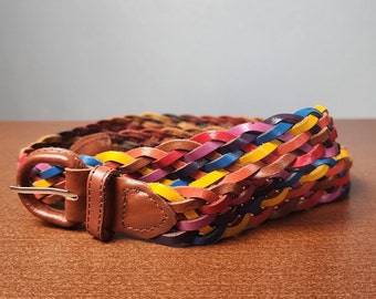 Vintage Classic Woven Leather Brown Belt with Orange, Yellow, Blue and Red Cords