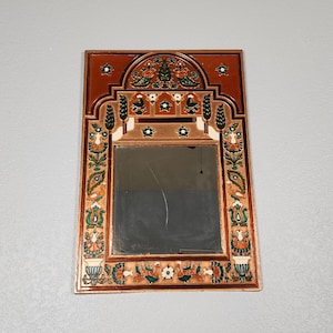 Vintage Persian Enamel and Wood Mirror, Rare Rectangle Wall Mirror, Accent Mirror