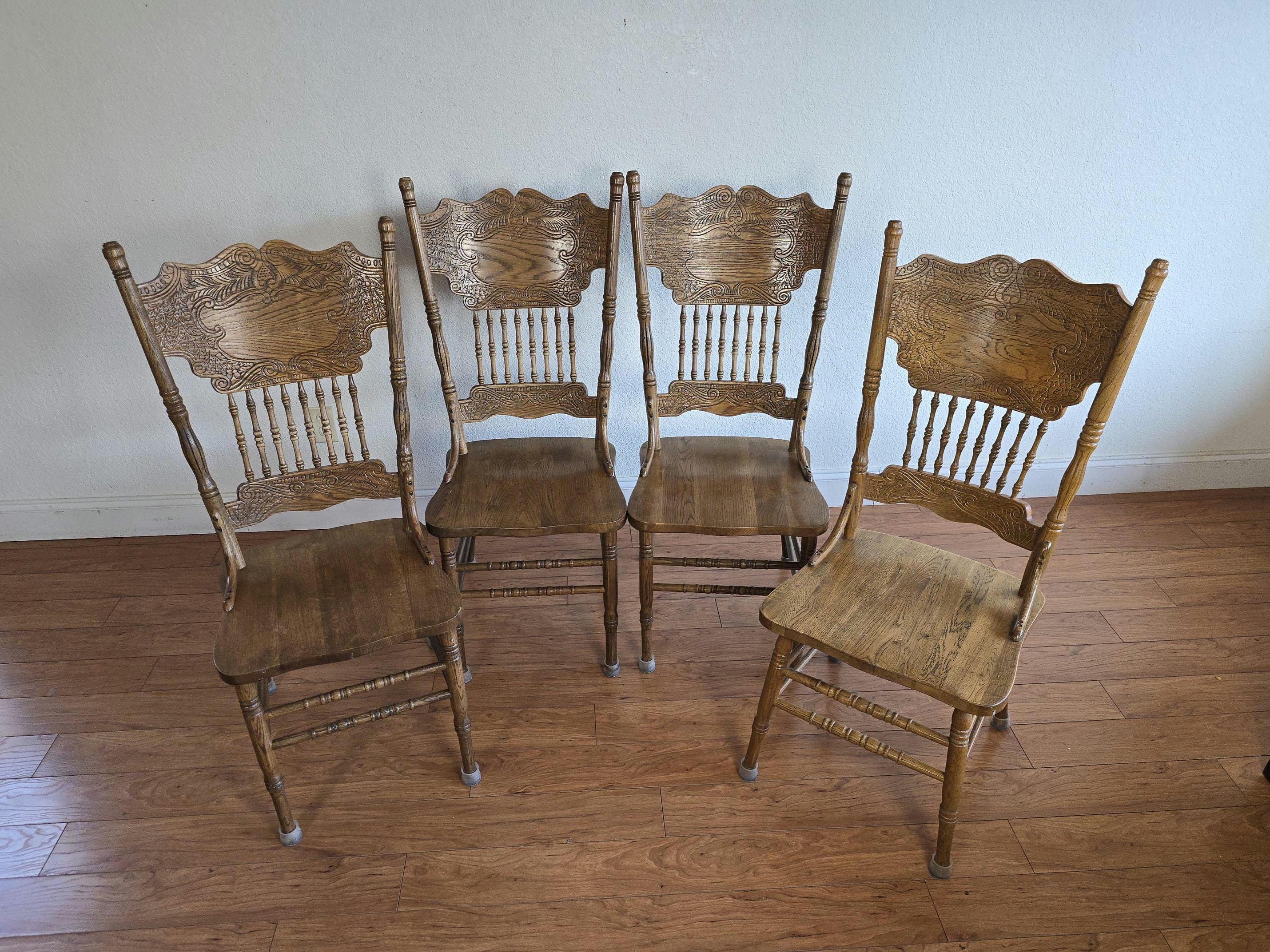 Vintage Solid Oak Carved Pressed Back Dining Chairs, Set of 4