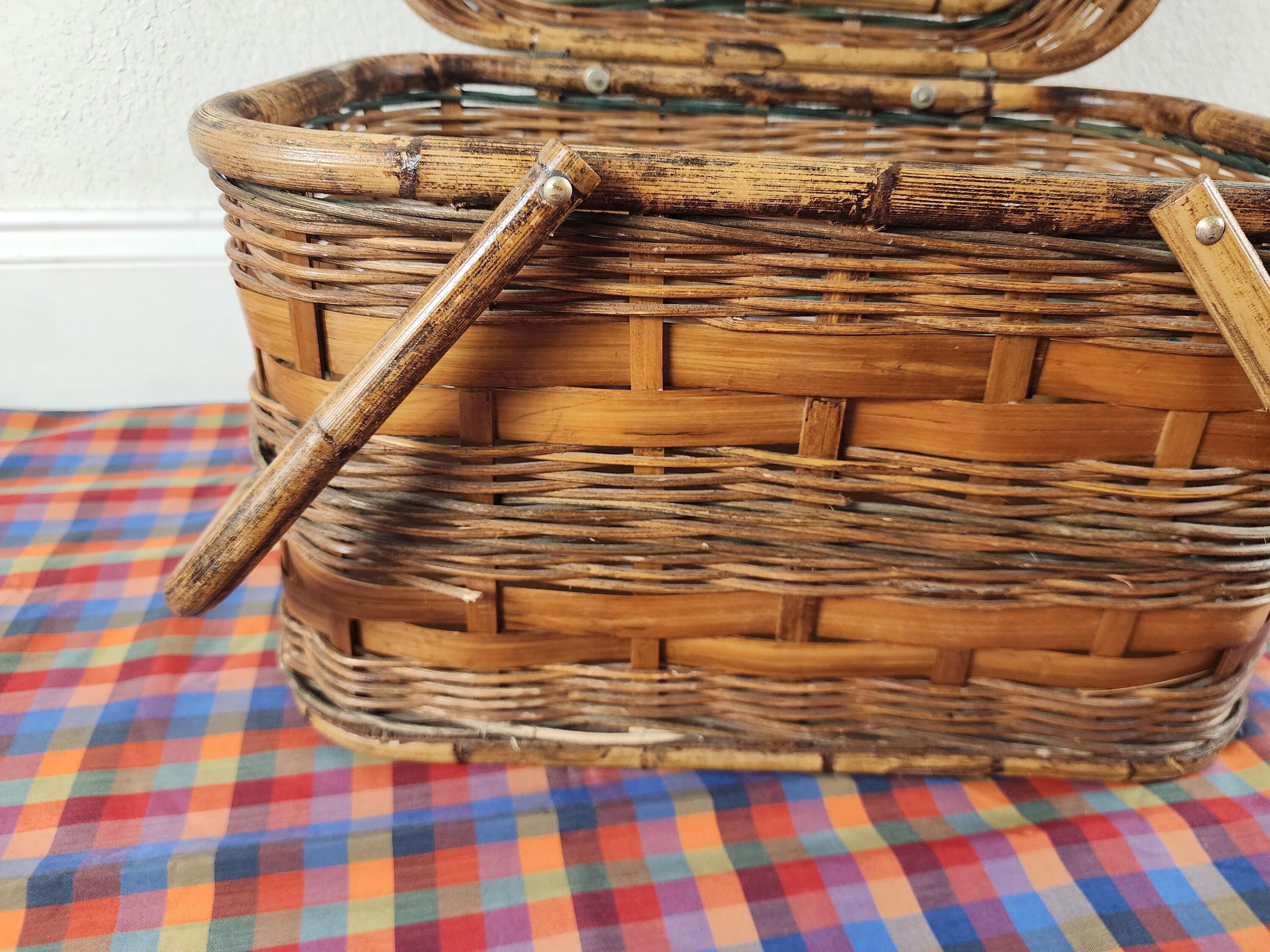 Vintage Large Wicker Picnic Basket With Handles, Outdoor Indoor Storage