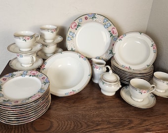 Vintage Mikasa Regency Rose Fine China, 44 Piece, Set for 10, Gold Trimmed Dinnerware, Made in Japan