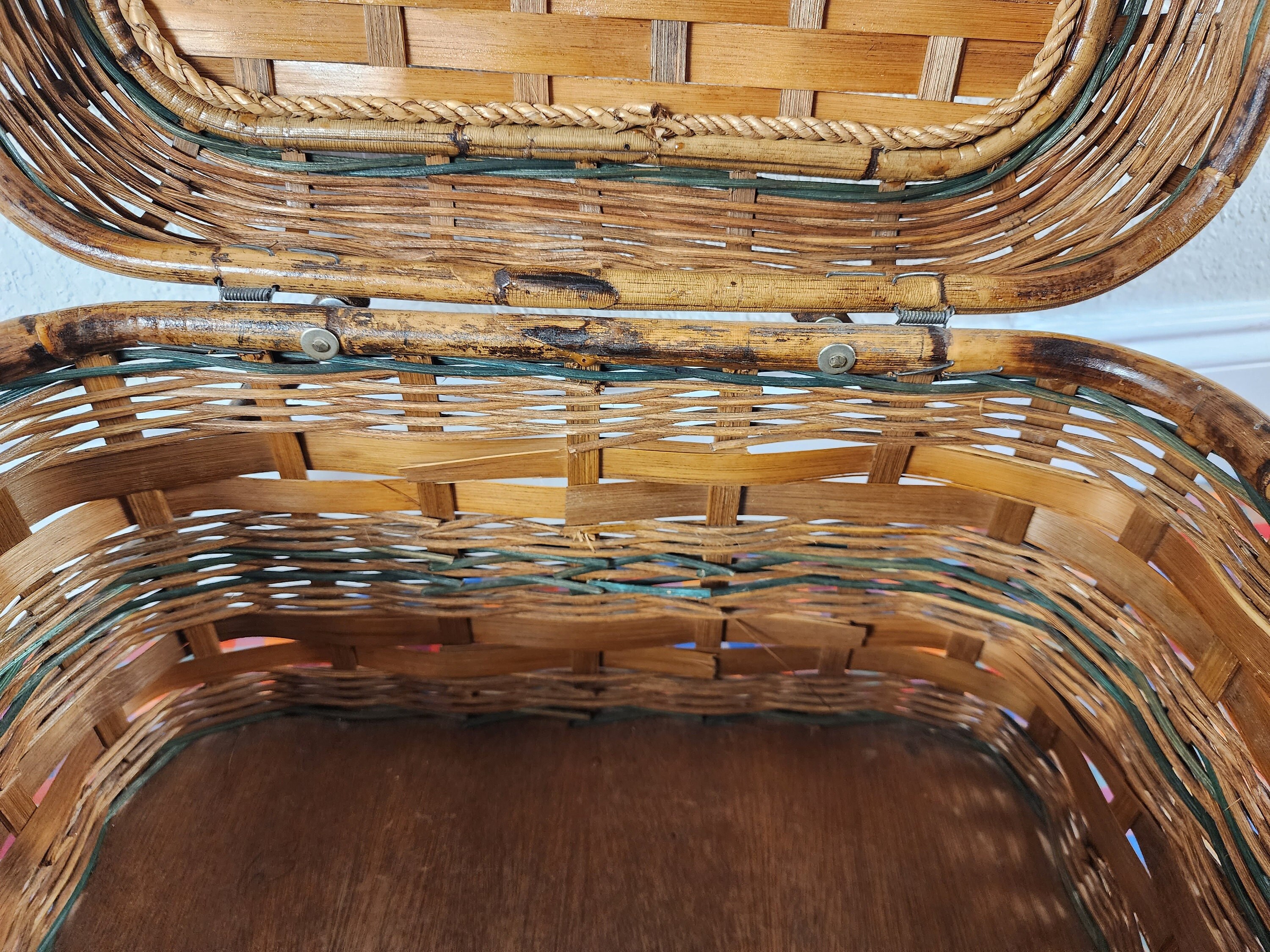 Vintage Large Wicker Picnic Basket With Handles, Outdoor Indoor Storage