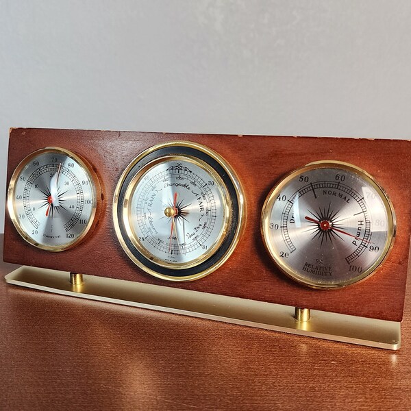 Vintage 70s Jason Barometer Temperature Humidity Desktop Shelf Weather Station, Made in Japan