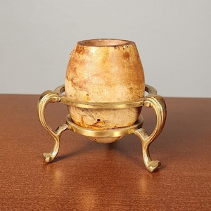 Vintage Heavy Stone Inkwell with Solid Brass Ink Pot Holder, Hollywood Regency Decor