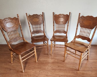 Vintage Solid Wood Carved Pressed Back Dining Chairs, Set of 4