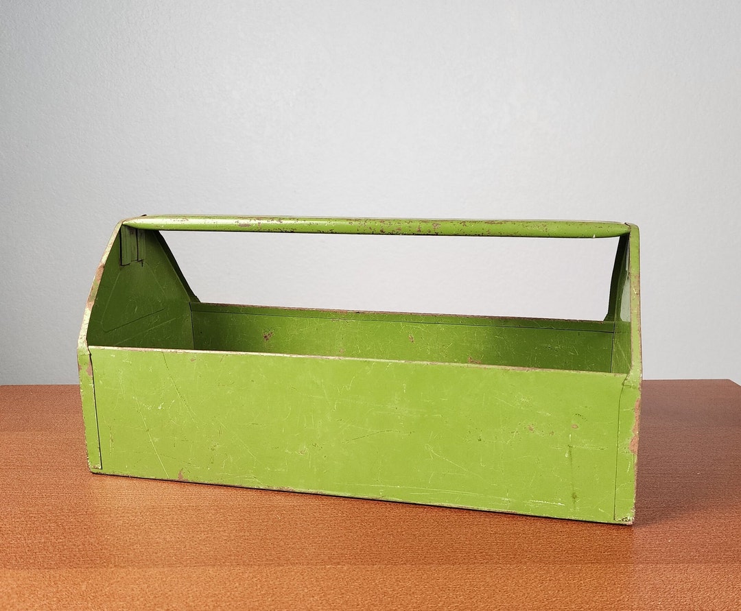 Vintage Green Industrial Steel Tool Tote Tray, Metal Tool Box With