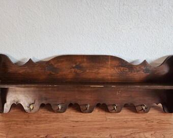 Vintage Large Wooden Carved Wall Coat Rack with Hooks
