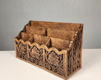 Vintage Carved Faux Wood with Compartments, Folder and Mail Storage