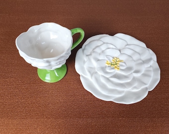 Vintage Teleflora Ceramic Petal Teacup and Saucer, White Rose Cup and Saucer