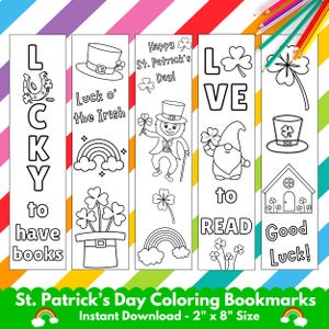 May include: Four printable St. Patrick's Day bookmarks featuring a leprechaun, a rainbow, a shamrock, a pot of gold, a gnome, and a house. The bookmarks are black and white and ready to be colored.