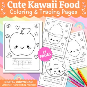 Easy Kawaii Food Coloring Pages for Kids Printable Tracing Worksheets Cute Preschool Kindergarten Homeschool Classroom Toddler Activity