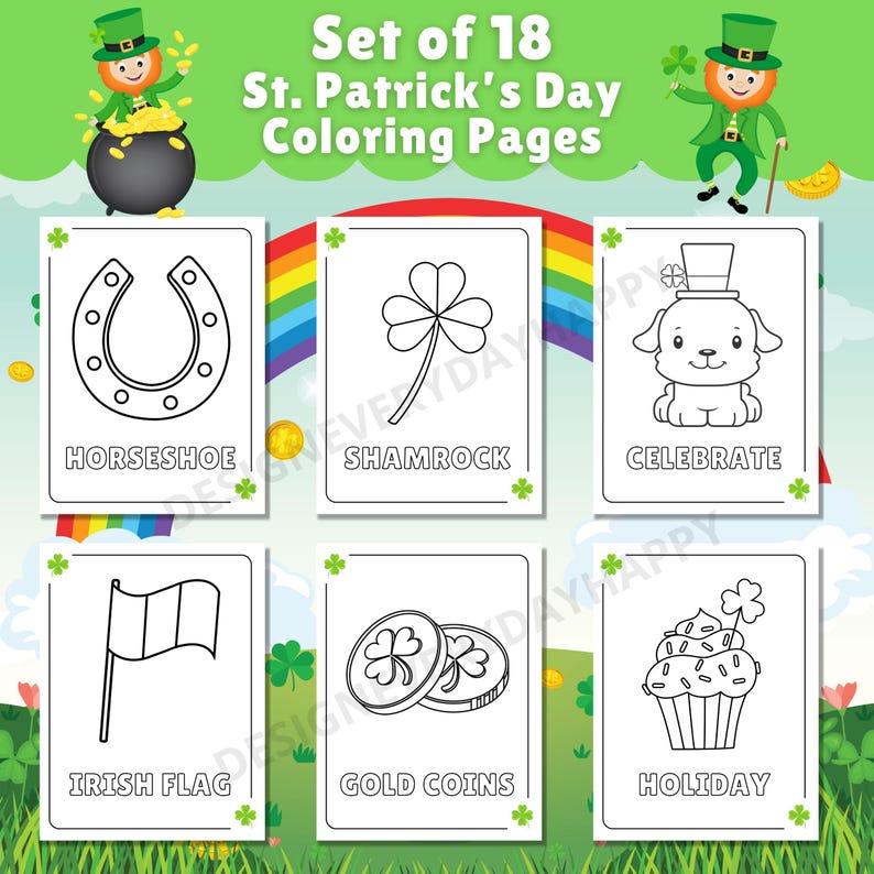 May include: Set of 18 St. Patrick's Day coloring pages featuring images of a horseshoe, shamrock, dog, Irish flag, gold coins, and a cupcake.