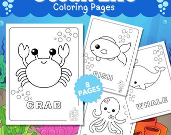 Ocean Life Sea Animal Coloring Book Pages Under the Sea Kawaii Printable Sheets Cute Preschool Kindergarten Classroom Activity Kids Toddlers
