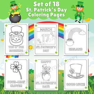 May include: Set of 18 black and white St. Patrick's Day coloring pages featuring images of leprechauns, shamrocks, pots of gold, and other Irish symbols. The pages are ready to be colored.