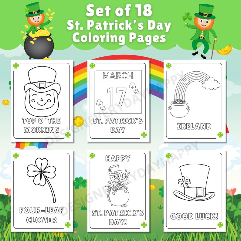 May include: Set of 18 black and white St. Patrick's Day coloring pages featuring images of leprechauns, shamrocks, pots of gold, and other Irish symbols. The pages are ready to be colored.
