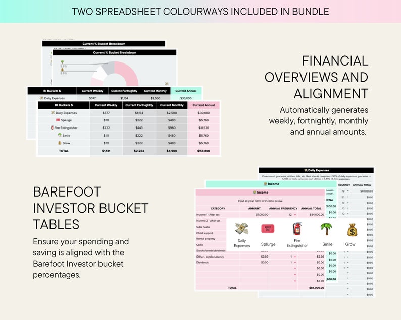 Barefoot Beginners: Ultimate Bundle Bucket Budget Simple Personal Finance Google Spreadsheet Cheat Sheet Barefoot Investor Inspired image 4