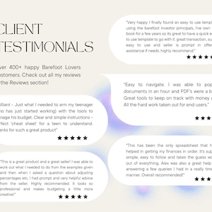May include: Client testimonials for a budgeting product. Quotes highlight the product's ease of use, helpful features, and positive customer service.