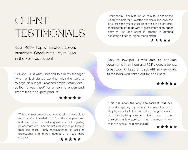 May include: Client testimonials for a budgeting product. Quotes highlight the product's ease of use, helpful features, and positive customer service.