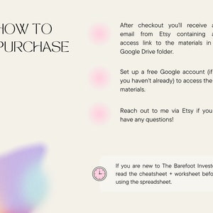 May include: A pink and white graphic with the text "HOW TO PURCHASE" in black. The text below explains how to purchase and access the materials after checkout. The text includes instructions to set up a free Google account to access the materials and to reach out to the seller via Etsy if you have any questions.
