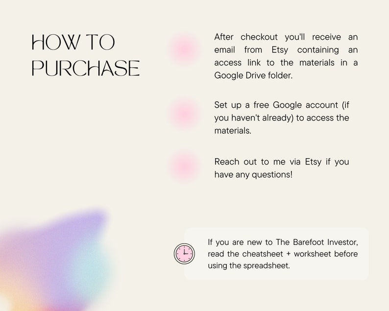 May include: A pink and white graphic with the text "HOW TO PURCHASE" in black. The text below explains how to purchase and access the materials after checkout. The text includes instructions to set up a free Google account to access the materials and to reach out to the seller via Etsy if you have any questions.