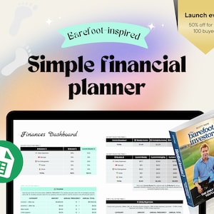 May include: A laptop screen displaying a financial planner with a dashboard and tables. The planner is titled "Simple Financial Planner" and is inspired by the "Barefoot Investor" book, which is shown on the right side of the image. The book cover features a man wearing a white shirt and a blue tie. The text on the book cover reads "The Barefoot Investor" and "The Only Money Guide You'll Ever Need".