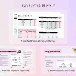 May include: A digital download bundle of printable worksheets and charts for personal finance planning. The bundle includes a Barefoot Inspired Financial Planner, a Barefoot Investor Cheat Sheet, and a Bonus Buckets Worksheet. The worksheets are designed to help people manage their money and reach their financial goals.