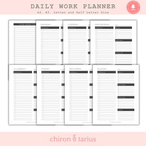 A5, A4, Letter, Half Letter, Arbeitsplaner, Tagesplaner, Stundenplaner, druckbarer Planer, digitaler Planer, Sofortiger Download