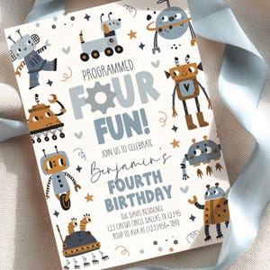 Editable Robot Birthday Invitation, Programmed Four Fun Boho Robot Boy Birthday Party Invite Template (Digital Download)