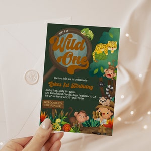 Invitación editable a la fiesta de cumpleaños de He&#39;s a Wild One, invitación de cumpleaños de Jungle Safari, descarga al instante y edita con TEMPLETT