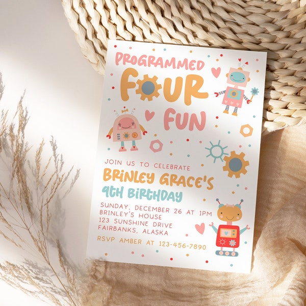 Editable Programmed Four Fun Birthday Party Invitation, Robot Birthday Invitation, Download Instantly and Edit with TEMPLETT